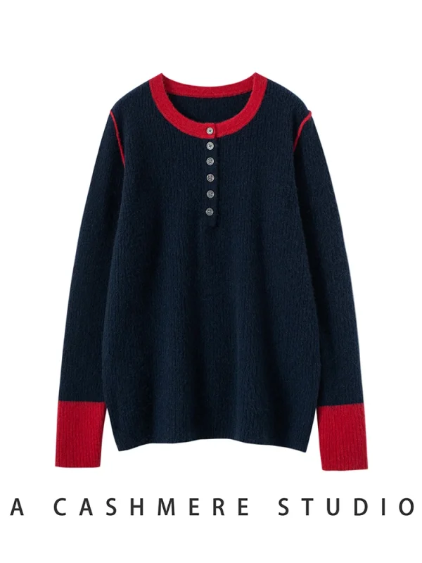 ADDONEE Maglione di Cachemire 100% da Donna O-Collo Bottoni Colletto Semplice Pullover Autunno Inverno Morbido E Confortevole Abiti di Base Maglieria 3