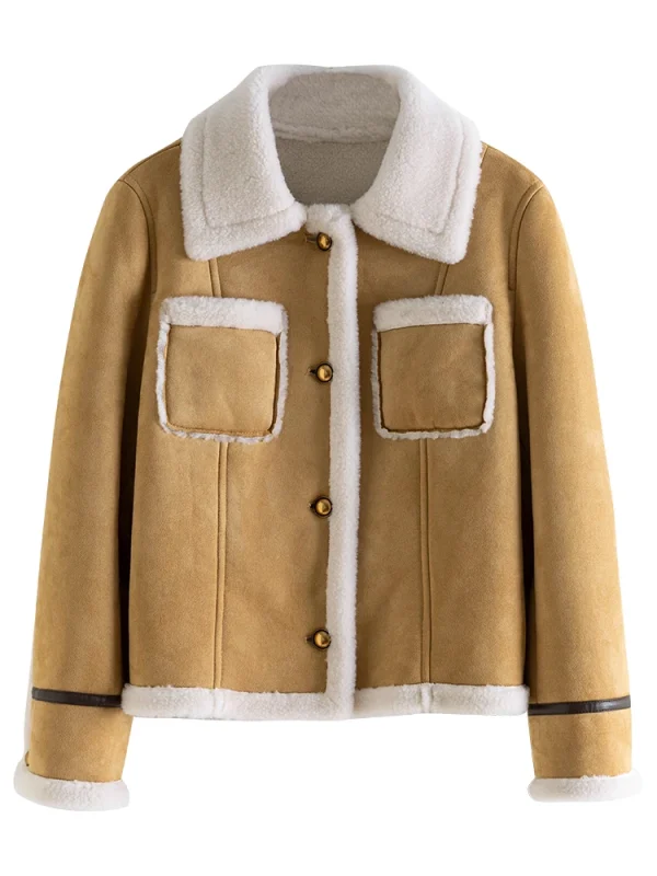 ZIQIAO Donna 100% Giacca in lana d'agnello Donna Inverno Addensare Cachi Cappotti corti Colletto rovesciato Cappotto monopetto retrò 23ZQ94092 5