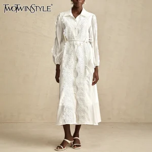 TWOTWINSTYLE Abito elegante ricamato per donna Risvolto Manica a lanterna Vita alta Patchwork Monopetto Abiti eleganti Donna 1