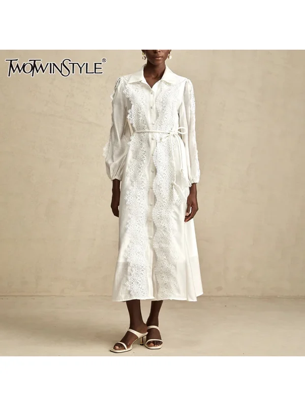 TWOTWINSTYLE Abito elegante ricamato per donna Risvolto Manica a lanterna Vita alta Patchwork Monopetto Abiti eleganti Donna 1