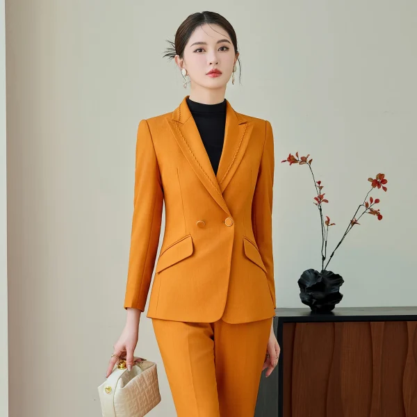 NAVIU Abito da ufficio slim fit giallo per donna Elegante casual a maniche lunghe di fascia alta con bottone singolo Blazer Set formale in due pezzi 2