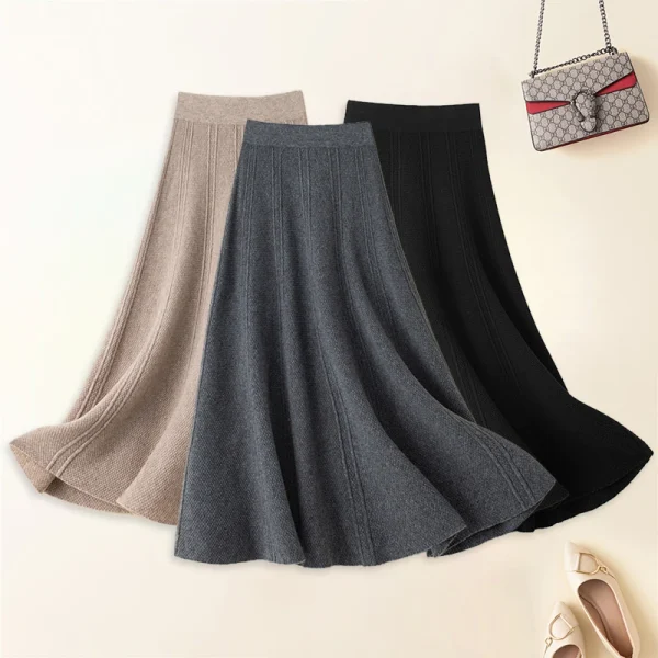 Autunno inverno abbigliamento donna gonna elastico a vita alta gonna a trapezio 100% lana Computer maglione lavorato a maglia gonna coreana a metà polpaccio 2