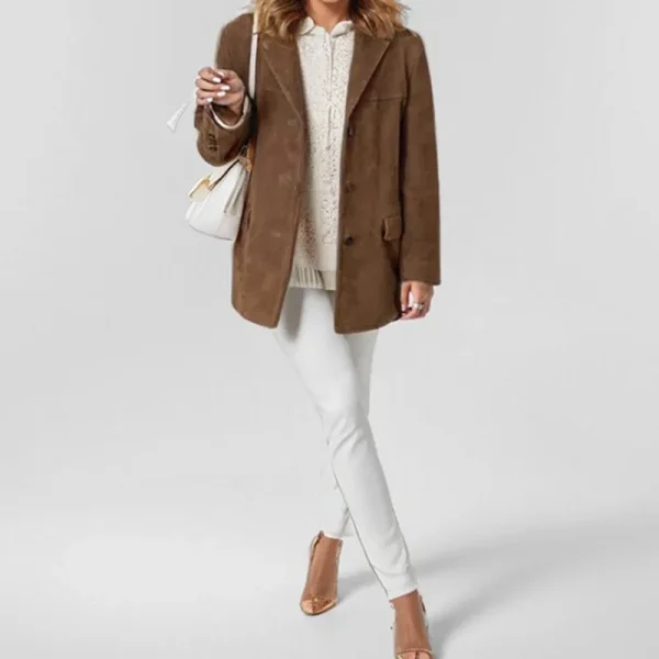 2024 autunno inverno Woomen giacca in pelle scamosciata con risvolto donna Casual monopetto tasca manica lunga cappotto corto Street soprabito 5