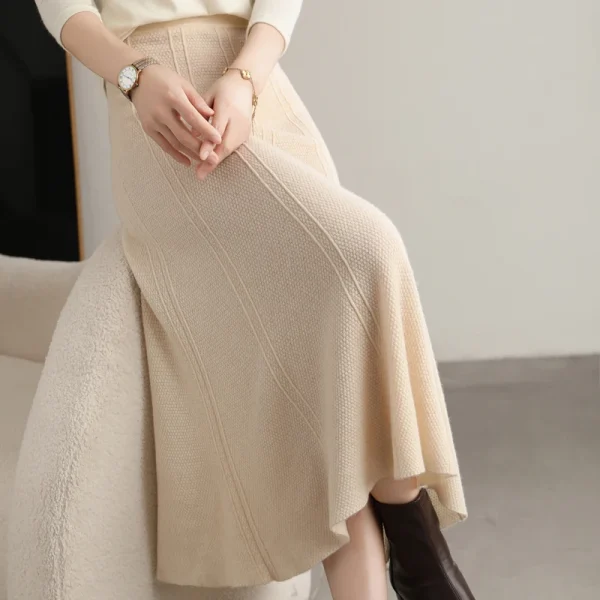 Gonna lavorata a maglia in pura lana al 100% Autunno e inverno da donna Nuova gonna lunga a vita alta e anca di media lunghezza Gonna ombrello in cashmere sottile 2