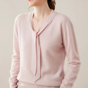 Maglione da donna elegante 100% maglione di cashmere pullover vestiti sciarpa colletto nastro stile dolce maglia autunno inverno top a maniche lunghe 1