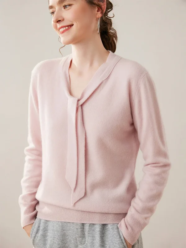 Maglione da donna elegante 100% maglione di cashmere pullover vestiti sciarpa colletto nastro stile dolce maglia autunno inverno top a maniche lunghe 1
