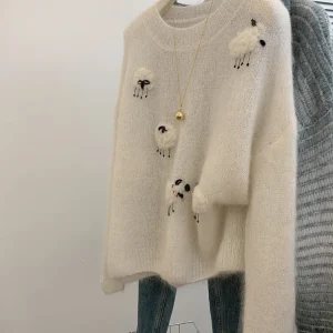 Maglione casual bianco per le donne 2025 Nuovo O-Collo a maniche lunghe Pullover in maglia calda Autunno Inverno Coreano Simpatici animali Top di lana 1