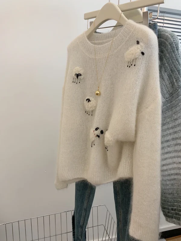 Maglione casual bianco per le donne 2025 Nuovo O-Collo a maniche lunghe Pullover in maglia calda Autunno Inverno Coreano Simpatici animali Top di lana 1