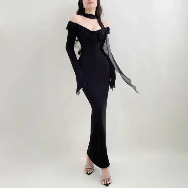 Xeemilo Elegante abito da sera con volant in rete Temperamento Colletto tondo Slim Manica lunga Maxi abiti Donna Elegante Party Club Robe 5