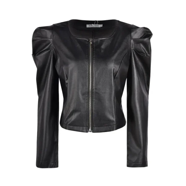 Giacca nera in pelle PU Donna Autunno Inverno Fashin Casual Manica a sbuffo O Collo Cerniera Cappotti corti Slim Fit Streetwear Blazer 6