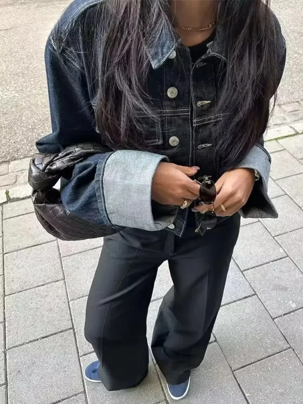 HH Set di pantaloni da giacca di jeans vintage da donna Cappotto monopetto con risvolto a maniche lunghe Pantaloni a gamba larga Jeans Abiti da strada 6