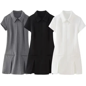 Willshela Mini abito da donna con cerniera frontale a pieghe tinta unita moda vintage con collo a bavero maniche corte abiti da donna chic femminili 1