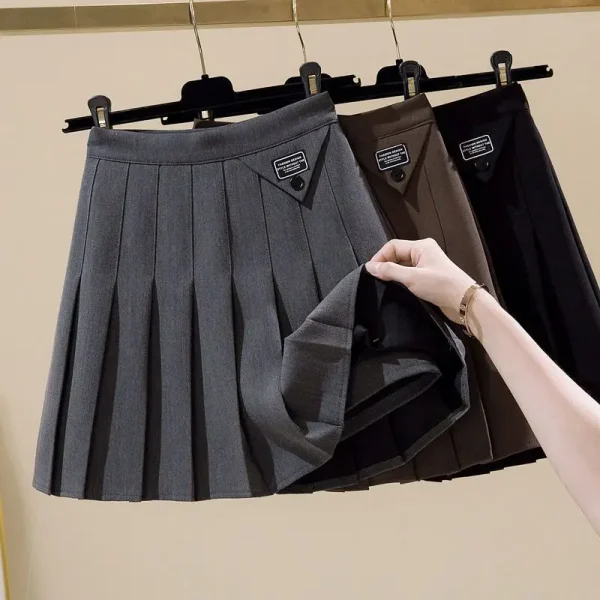 Moda coreana autunno nuove donne solido cerniera pieghettata semplicità stile Preppy Chic vita alta corta sottile gonna a pieghe a trapezio 4