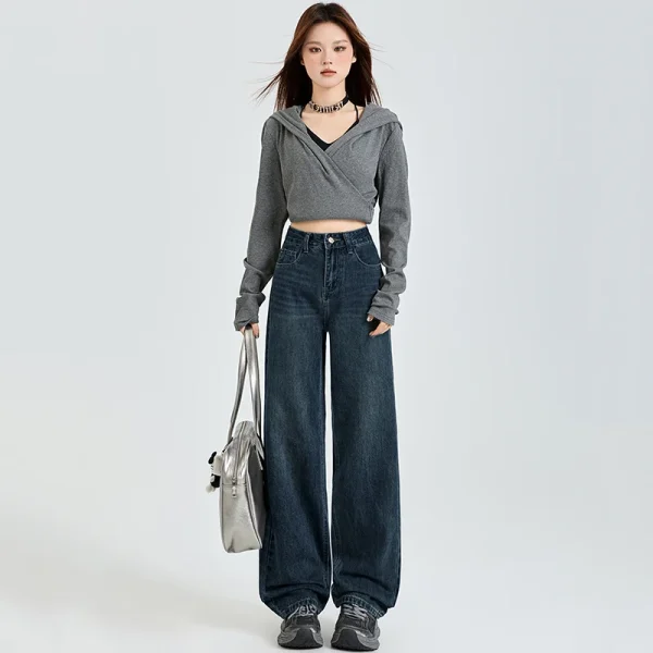 Jeans casual da donna vestibilità rilassata stile vintage pantaloni a gamba larga a vita alta pantaloni lunghi dritti drappeggiati pesanti autunno inverno 4