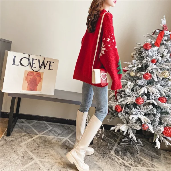 2024 Autunno/Inverno Nuovo Coreano Addensato Color block Maglione Di Natale Delle Donne Con Cappuccio Fiocco di Neve Allentato Girocollo Stile Pigro Magliette E Camicette 5