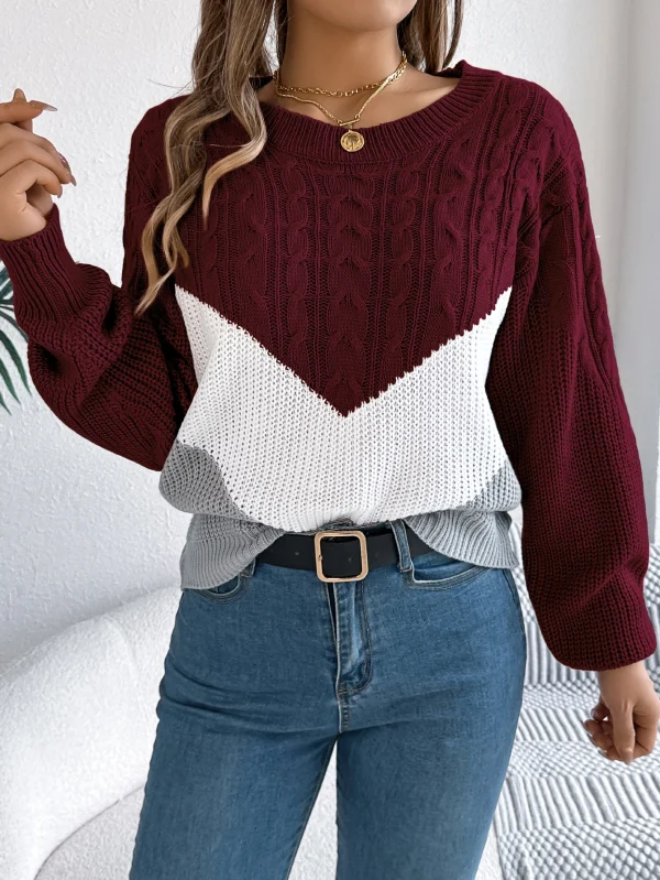 Maglione pullover da donna a maniche lunghe con collo rotondo versatile color block casual autunno e inverno 6