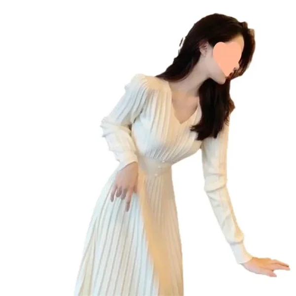 Abito maglione lungo lavorato a maglia francese FAshi da donna che impara la vita con scollo a V manica intera autunno inverno nuovo stile abito strato base 5