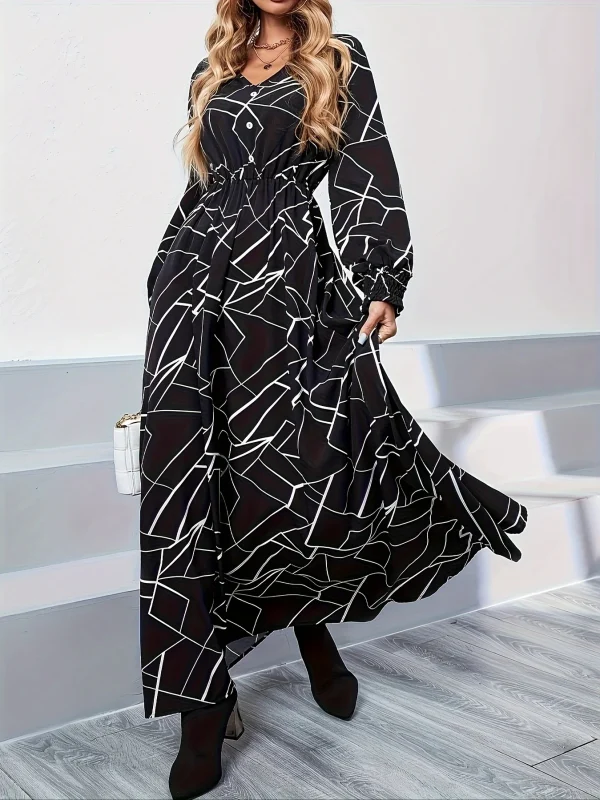 Abito lungo da donna con scollo a V a maniche lunghe con stampa geometrica in bianco e nero - Abito casual elegante autunno inverno 2