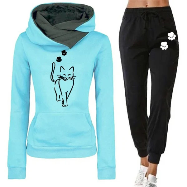 Tuta da donna elegante con stampa gatto Felpe con cappuccio versatili quotidiane Felpe o pantaloni da jogging Casual 2025 Abbigliamento caldo autunno inverno 2