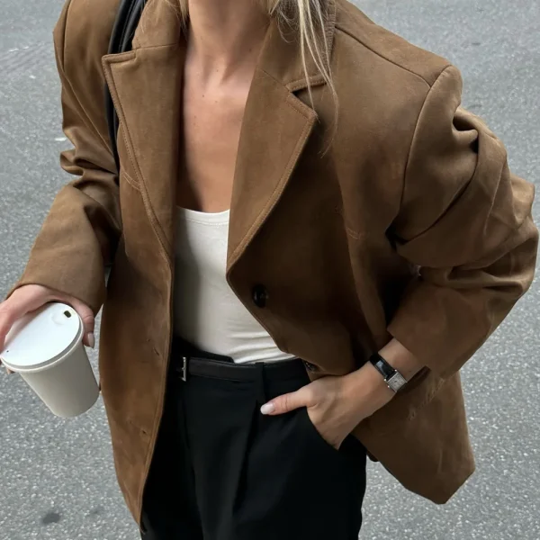 HXAO Giacca da donna Old Money Giacche Giacca in pelle scamosciata marrone Cappotto Giacca vintage da mezza stagione Autunno Inverno Novità in capispalla 6