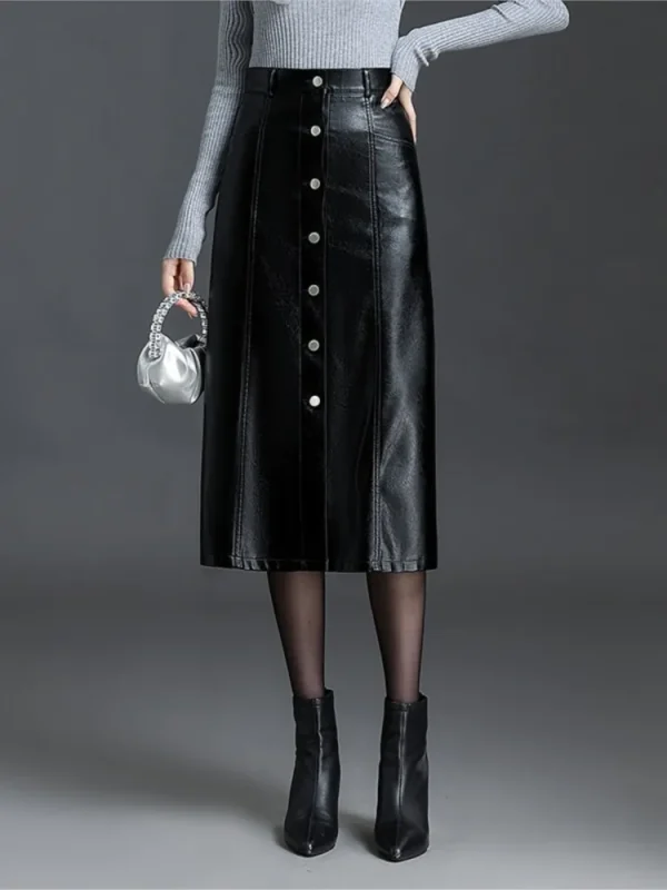 ZUZK gonna a trapezio in pelle Pu da donna 2024 autunno inverno elastc bottone in vita decorativo elegante gonna da donna da ufficio 2 colori 3