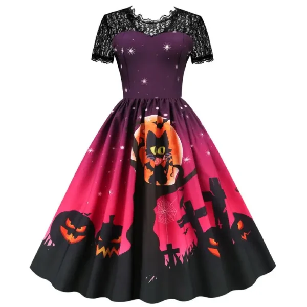 Abito da Halloween Costume da donna in pizzo a maniche corte a vita alta Abiti casual da ballo per feste da sera vintage 2