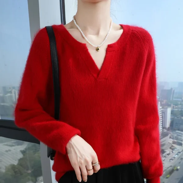 100% puro visone maglione di cachemire delle signore con scollo a V pullover di maglia spessa casual allentato camicetta a maniche lunghe autunno nuova camicia di grandi dimensioni 4