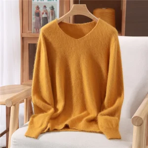 Versatile autunno inverno maglione pullover abbigliamento donna 100% visone maglione di cashmere con scollo a V pullover di base femminile caldo comfort lavorato a maglia 1