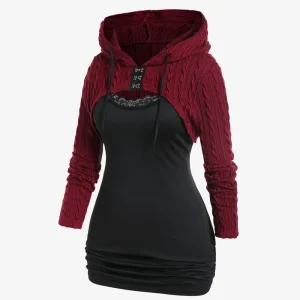 Canotta arricciata con rifiniture in pizzo da donna ROSEGAL e Top in maglia con cappuccio, taglie forti autunno, inverno Streetwear 2 pezzi camicette 1