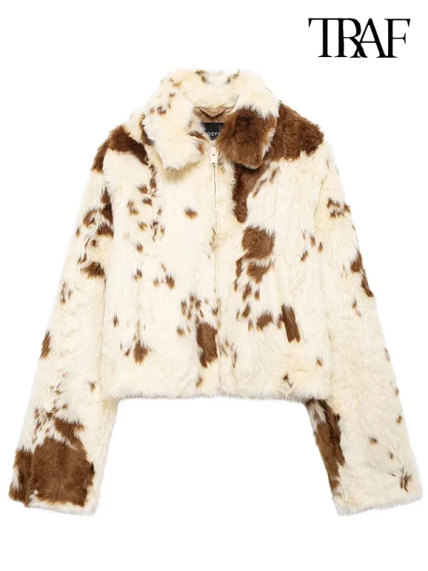 Moda Donna 2024 Autunno e inverno in Europa e negli Stati Uniti nuovo risvolto tasche laterali design zip frontale maniche lunghe caldo cappotto retrò semplice versatile pelliccia sintetica cappotto contrasto 1