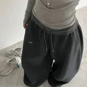 Pantaloni sportivi casual neri American retro hip-hop da donna oversize coreano streetwear pantaloni da jogging larghi pantaloni a gamba larga a vita alta 1