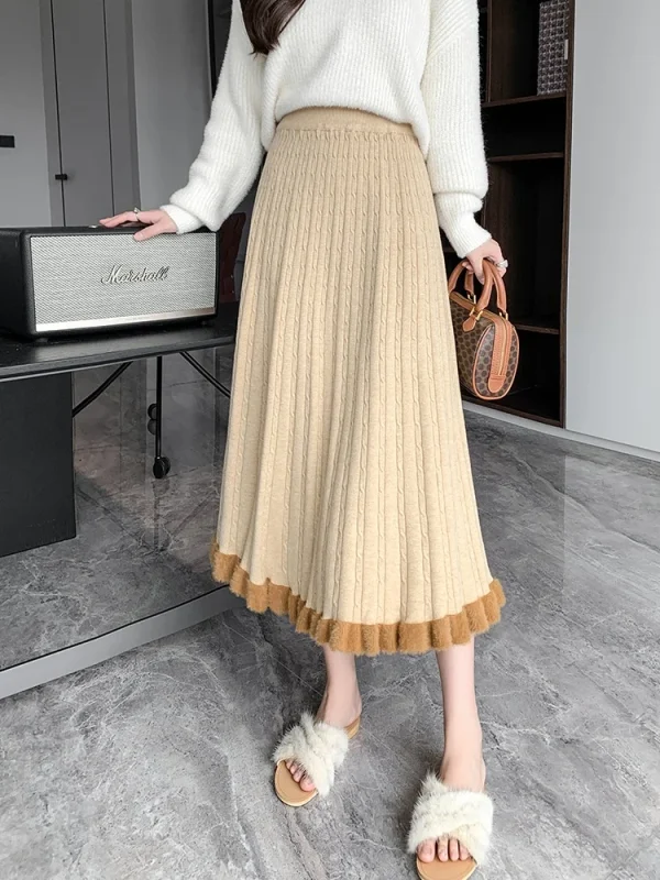 SMTHMA Gonna in pelliccia di visone per donna 2025 Nuovo autunno inverno Gonna elastica a vita alta lavorata a maglia Gonna a pieghe con volant medio da donna 2