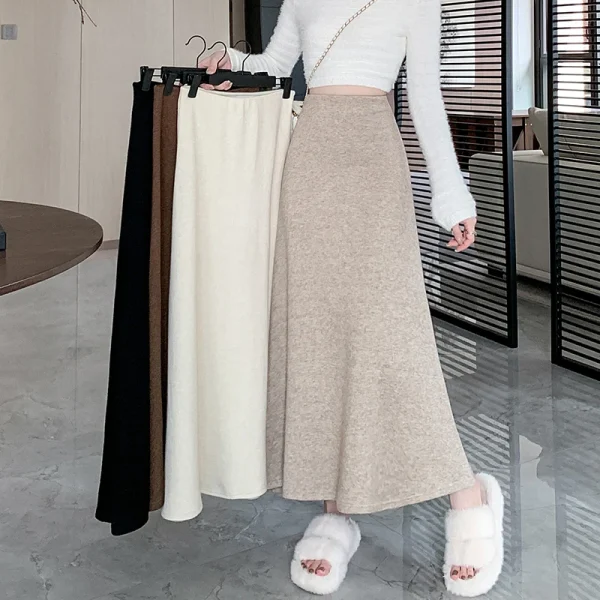 Autunno Inverno Vintage di Lana delle Donne A-line Gonne 2025 Nuova Vita Alta Solido Coreano Casual Allentato Ombrello Gonna Lunga Femminile 1