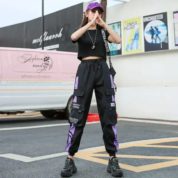 Pantaloni cargo da donna estivi Hip Hop Moda sportiva Pantaloni Harem coreani casual larghi Pantaloni da jogging neri con tasche multiple 3