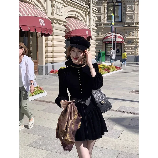 Mini abito vintage in velluto nero da donna eleganti abiti con fiocco di lusso inverno coreano soffio manica lunga aderente design una linea abiti 5