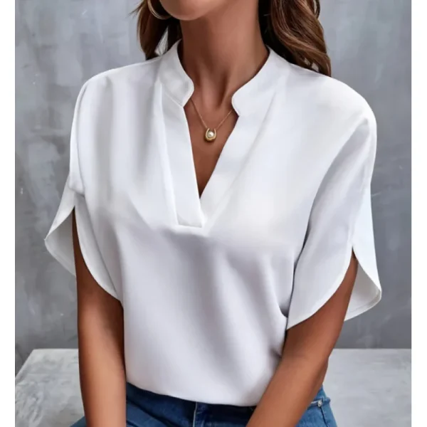 T-shirt con scollo a V da donna, tinta unita, casual, versatile, europea e americana, a maniche corte, per ufficio, bellezza, camicia da donna 6