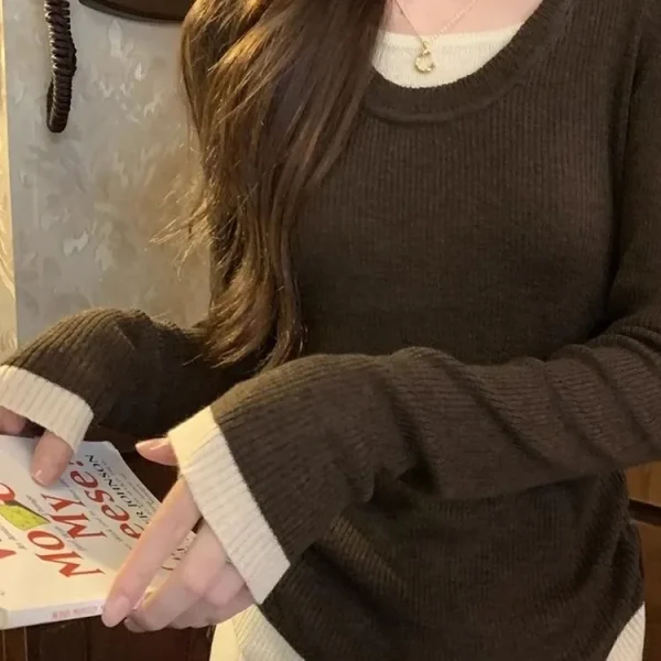 Camicia base con coulisse a blocchi di colore dal design dimagrante Abbigliamento interno da donna T-shirt color farina d'avena Girocollo senza maniche Decorazione esterna 3