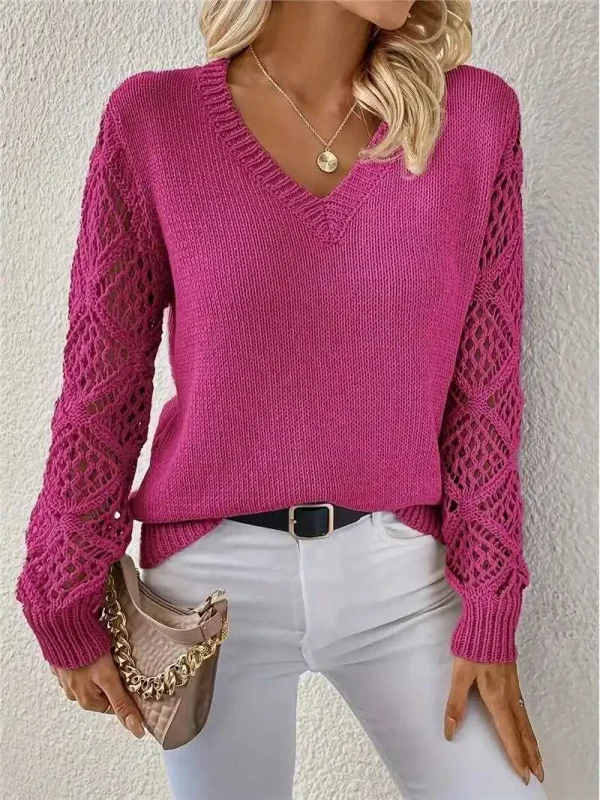 Manica lunga Pointelle Maglia Top Pullover Maglione da donna Traforato Manica lunga con scollo a V Maglione Autunno Inverno Blusas Para Mujer Outfit 5