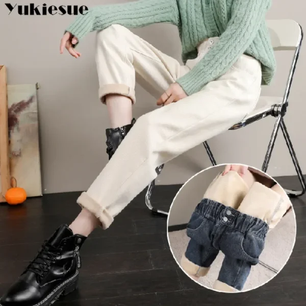 Pantaloni retrò nuovi ispessiti autunno inverno a gamba larga pantaloni Harlan versatili larghi femminili jeans elastici a vita alta femminili 3