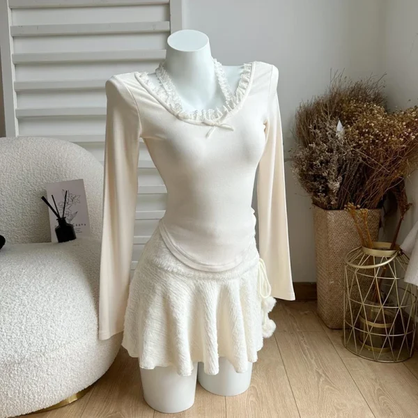 MEXZT Kawaii Minigonne bianche Donna Preppy Carino Gonna a vita alta Inverno Giapponese Streetwear Lace Up Chic Slim A Line Faldas Nuovo 3