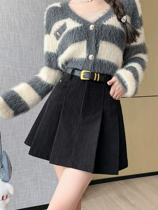 2024 Autunno e Inverno Mini Gonna a pieghe Moda donna Streetwear A-line Skater Kawaii Gonne con cintura Ragazza della scuola coreana Saia 4