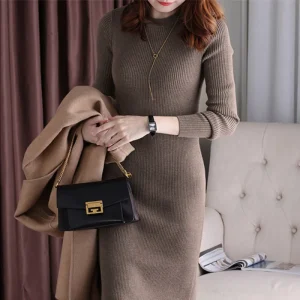 2023 Autunno/Inverno Versione coreana Nuovo girocollo Abito a maniche lunghe Slim Fit e moda Tinta unita Abito a trapezio di media lunghezza 1