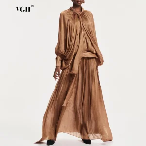 VGH Minimalista Pieghe Impiombate Maxi Abiti per Le Donne Sciarpa Colletto Manica Lanterna Vita Allentata Temperamento Casual Vestito Femminile Nuovo 1