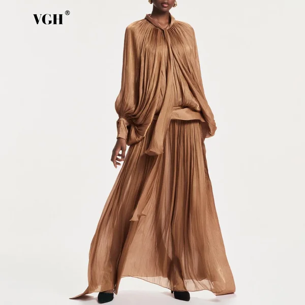 VGH Minimalista Pieghe Impiombate Maxi Abiti per Le Donne Sciarpa Colletto Manica Lanterna Vita Allentata Temperamento Casual Vestito Femminile Nuovo 1