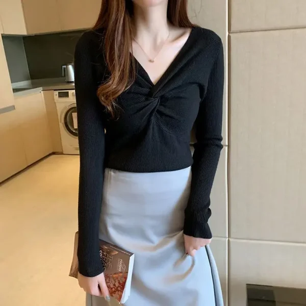 Primavera autunno Slim pullover lavorati a maglia abbigliamento donna coreana moda pieghe Casual tinta unita tutto-fiammifero elegante t-shirt con scollo a v 3