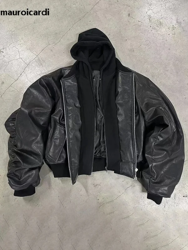 Mauroicardi Autunno Inverno Oversize Fresco Nero Addensato Caldo Pu Pelle Bomber Giacca da Uomo Cappuccio di Lusso Designer Falso 2 Vestiti 1