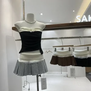 Gonna a pieghe in pizzo con giunture lavorate a maglia per le donne Autunno/Inverno New Chic Vita alta Ragazza piccante Minigonne a trapezio dimagranti per ragazze 1