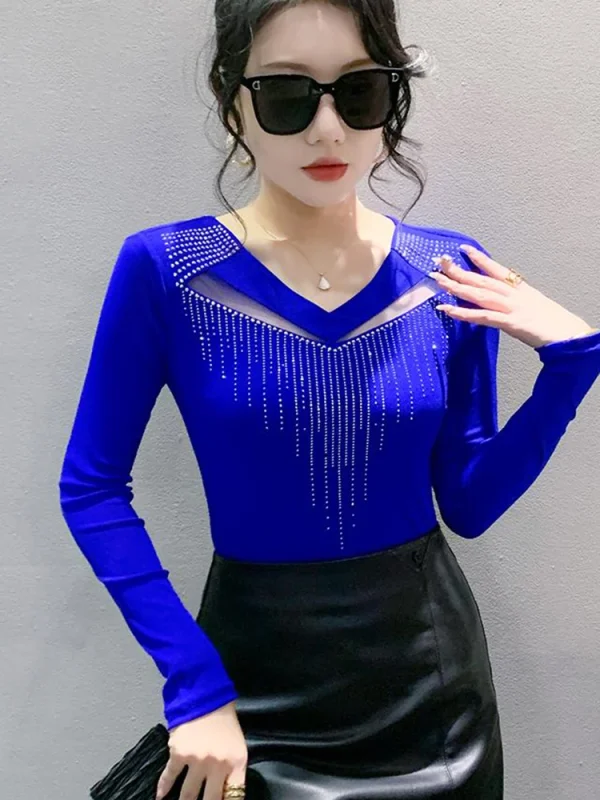Nuovo 2025 Primavera Autunno a maniche lunghe V-Nek T-shirt da donna Moda Sexy Scava Fuori Hot Drilling Mesh Top Blusas 6