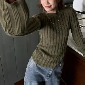 Top eleganti in maglia basic tinta unita da donna maglione con o-collo top a maniche lunghe pullover casual sottile moda coreana abiti semplici chic 1