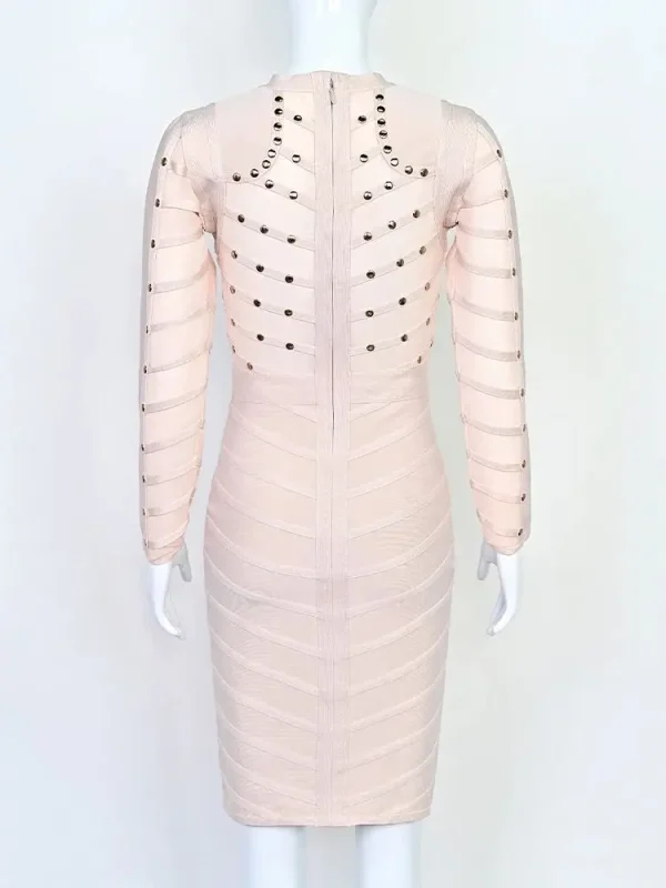 BEAUKEY Abito da sera sexy beige con rivetti tempestati di maglia con borchie Prospettiva da donna Abito trasparente aderente a maniche lunghe XXL Vestido 6